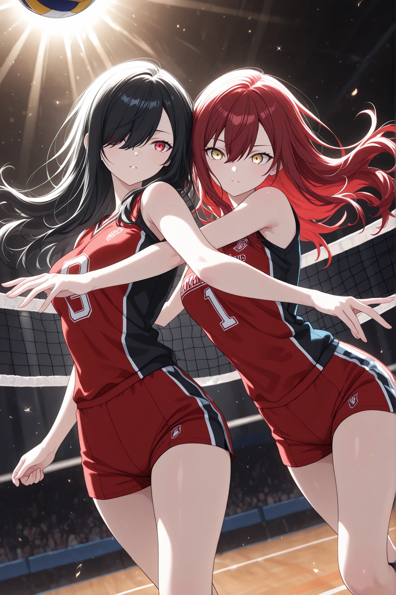 (masterpiece, best quality), amazing quality, very aesthetic, absurdres, highres, newest, HDR, 8K, anime style, chiaroscuro, extremely detailed face and eyes, cinematic, professional lighting, backlighting, dynamic angle, foreshortening, aegyo sal, duo focus, (2girls, multiple girls), BREAK playing volleyball against each other, in two different teams, facing each other at the volleyball net, starting to jump, volleyball jersey, short volleyball shorts, free pose, delicate skin texture, fair skin, delicate face, long eyelashes, pastels, bright tones, wind, light particles, light, bright tones, motion lines, extremely detailed, intricate, delicate details, movie lighting, very beautiful, absurd, dynamic graphics, dynamic angles, special movements, dynamic poses, action poses, dynamic movements, (Illustration: 1.2), (8K Wallpaper), (Beautiful, pretty eyes: 1.2), Delicate eyes, beautiful, soft colors., ,project sekai; soft; pastel; colorful; detailed; details; masterpiece; high quality; best quality; ultra details; amazing; stunning
BREAK 1girl, red eyes, hair over right eye, black hair, long hair, medium breasts, (petite but curvy), BREAK 1girl, red hair, long hair, hair between eyes, long sidelocks, (golden eyes), (medium breasts) BREAK dynamic pose, action pose