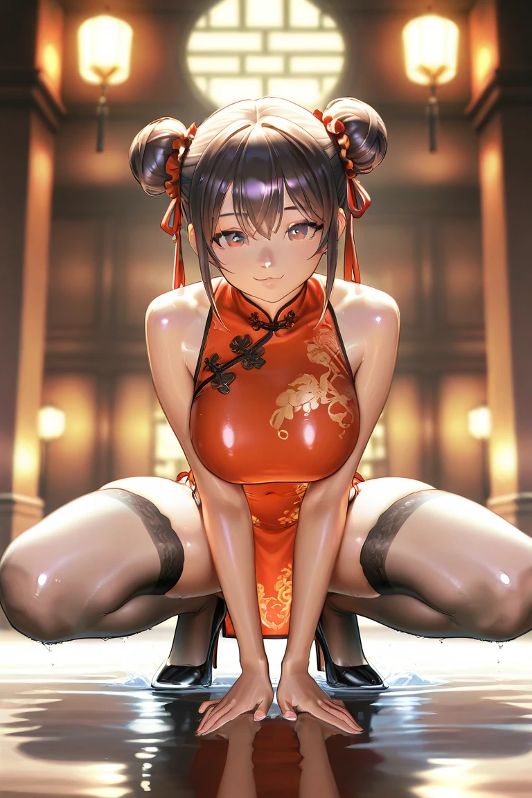 Highest Resolution,Highest quality,A beautiful girl in a Chinese leotard crying,Bun Hair,Dark bedroom,Tears,Open your mouth and drool,whole body,front,Sweat profusely,Beautiful eyes,Lots of saliva,High leg,