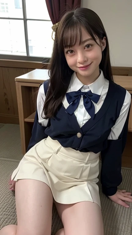 ((top-quality、8K、masterpiece:1.3))、1人、Slender Abs、sofas、hyperdetailed face、A detailed eye、二重まぶた、straight flat chest、tiny chest、small titat college girl、short-hair、Straight bob hair、Shorthair with bangs、A smile、Schoolgirl Uniform、Pantiessible from the skirt、a 20 yo woman、Sheer white shirt、Navy blue ribbon at the collar、Dark blue pleated micro mini、sexy、Peek at tviewer、Beautiful graphics、Bright school building with strong sunlight、Show me your whole body、sitted、crouching、Plump panties、White Sox
