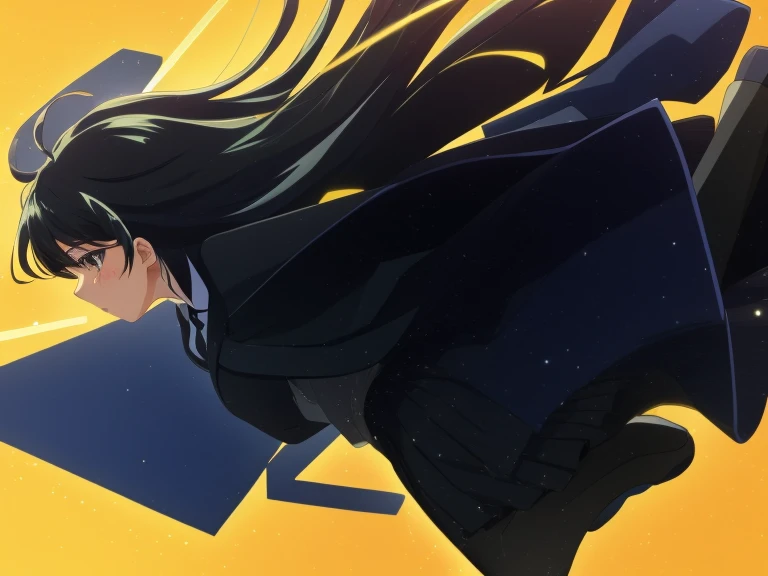 Mieruko, miko_yotsuya, 1 girl, scary, holding a cell phone, yellow sweater, black tie, school uniform, yellow detailed eyes, long black hair, big eyes, detailed pupils, detailed shading, detailed lighting, (horror theme\):1.25), outdoor, no background