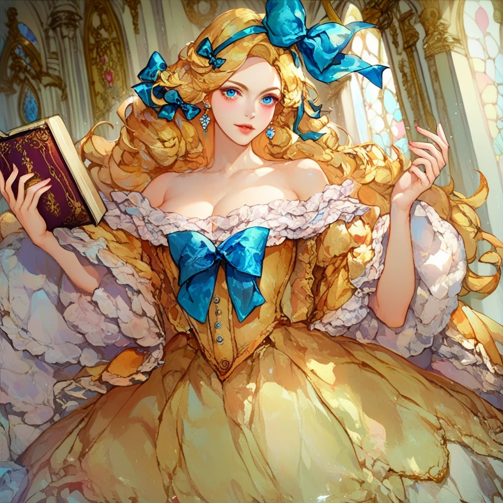 anime mock-up princess showing presents the cover of the book on her chest