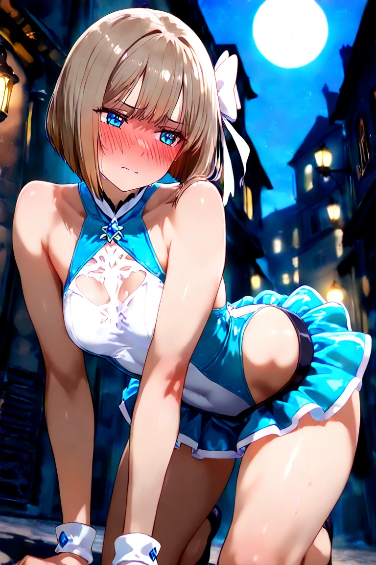 ((Best Quality, 8K, Masterpiece:1.3)), Focus: 1.2, Perfect Body Beauty: 1.4, BREAK 1girl, solo, blonde hair, maiden, blue eyes, Side ponytail, hair scrunchie, hair ornament, blue scrunchie, maid headdress, BREAK low angle view, apron, Swept bangs, big breasts, Microkini only, Thong , Cowboy shot, a smile, open mouth, Extended language, leaning forward, shiny_skin, voluptuous body, bare waist, all fours, (from back), (depth of field:1.3)