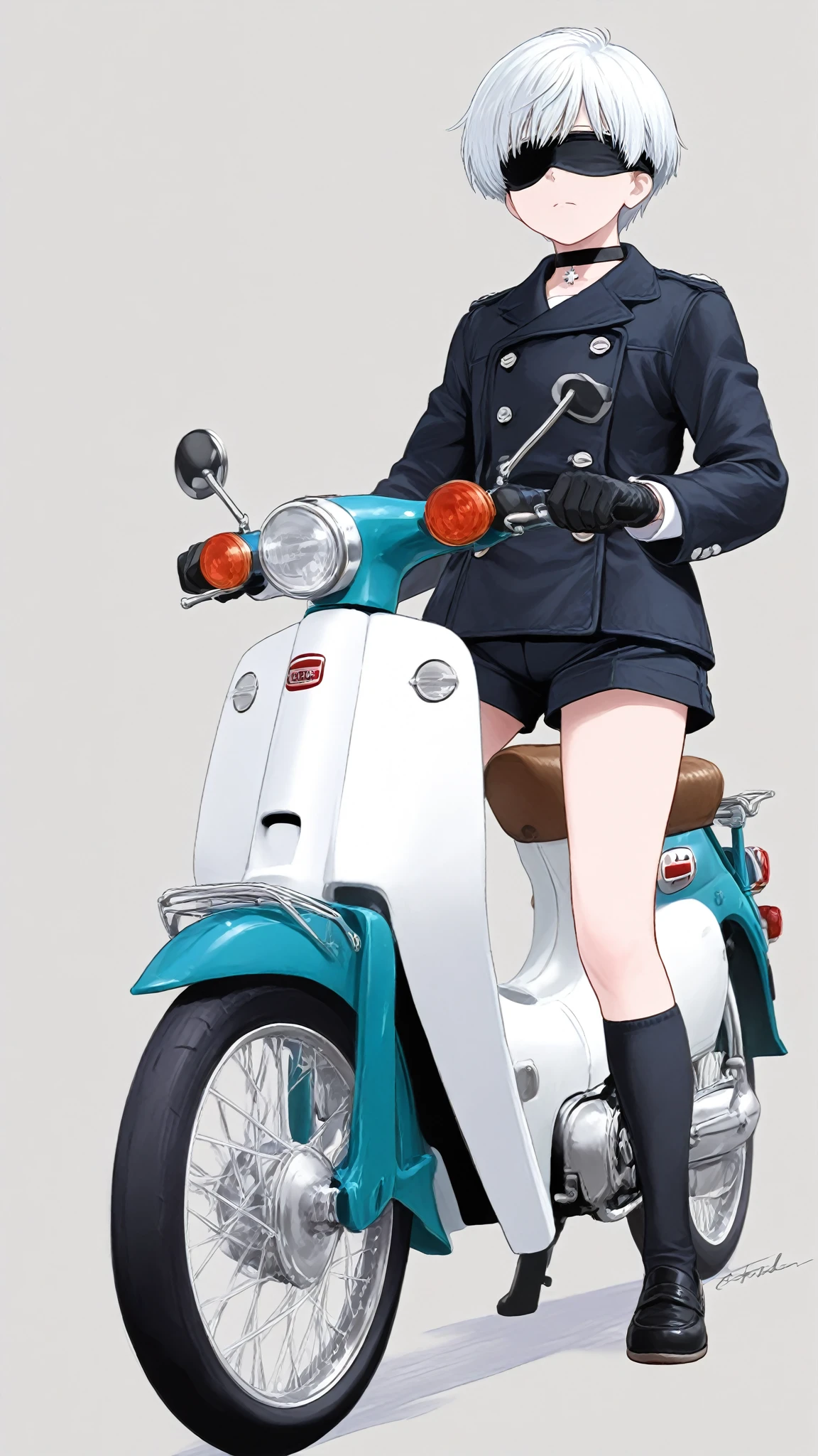 zepet、 Very Beautiful Japanese High School Girls 、 black hair、 short bob hair 、bangs、uniform、Get on a bike、 simple background
