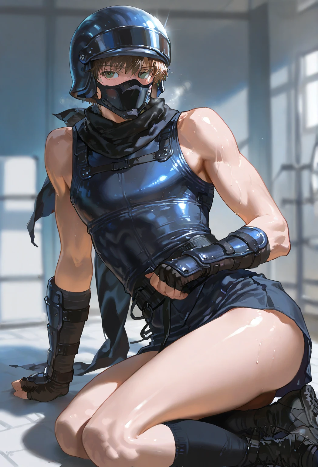 ((best quality)), ((highly detailed)), absurdres, extremely detailed face, beautiful face, (detailed eyes, deep eyes), (1girl), close-up, dynamic pose, cowboy shot, very wide shot, MeiS2, pink hair, medium hair, yellow eyes, symbol-shaped pupils, goggles on head, muscular female, large breasts, smiling, black tank top, bare shoulders, cleavage, clothes around waist, black pants, black gloves, fingerless gloves, (outdoors, at a pool, wet diving suit, sandals, wet hair, pool ladder, wet, afternoon)