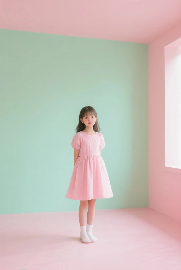 A cute  standing, wearing colorful dress, pale skin, smooth pale skin, skin tune pink, cute face, blue eyes, pink hair, super detailed, 8k