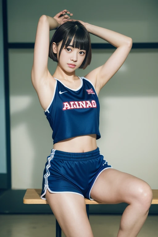 (solo), (a detailed full body RAW photo of a girl), (masterpiece:1.0), (hip forcus:1.2), (best quality:1.4), (ultra highres:1.2), (photorealistic:1.4), 8k resolution, Canon EOS R5, 50mm, absurdres, ultra detailed, (a detailed full body RAW photo of a girl), (masterpiece:1.0), (best quality:1.4), (ultra highres:1.2), (cheerful 25year old), japanese athlete sharp focus, cinematic lighting, detailed beautiful face, (no make up:1.2), (ulzzang-6500-v1.1), petite figure, detailed skin texture, flat chest, (skinny and fit body:1.6), thigh gap, detailed brown hair, sweltering,(very short hair:1.5), smiling face, very thin see-through wear, (very small and simple and brihit red and blue nike competition athletic wear:1.5), low rise, (Crotch streaks and stains), (nipple protrusion on sports bra:1.5), realistic glistening skin, (sweating:1.45), detailed nipples texture, (satomi ishihara:0.8),