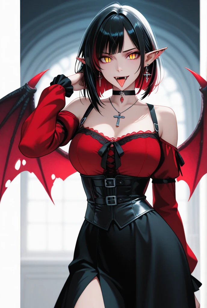 a beautiful red-horned demoness with short black hair, scarlet eyes, and a sexy demon tail, wearing a very short red skirt, tight black stockings, and a harness collar