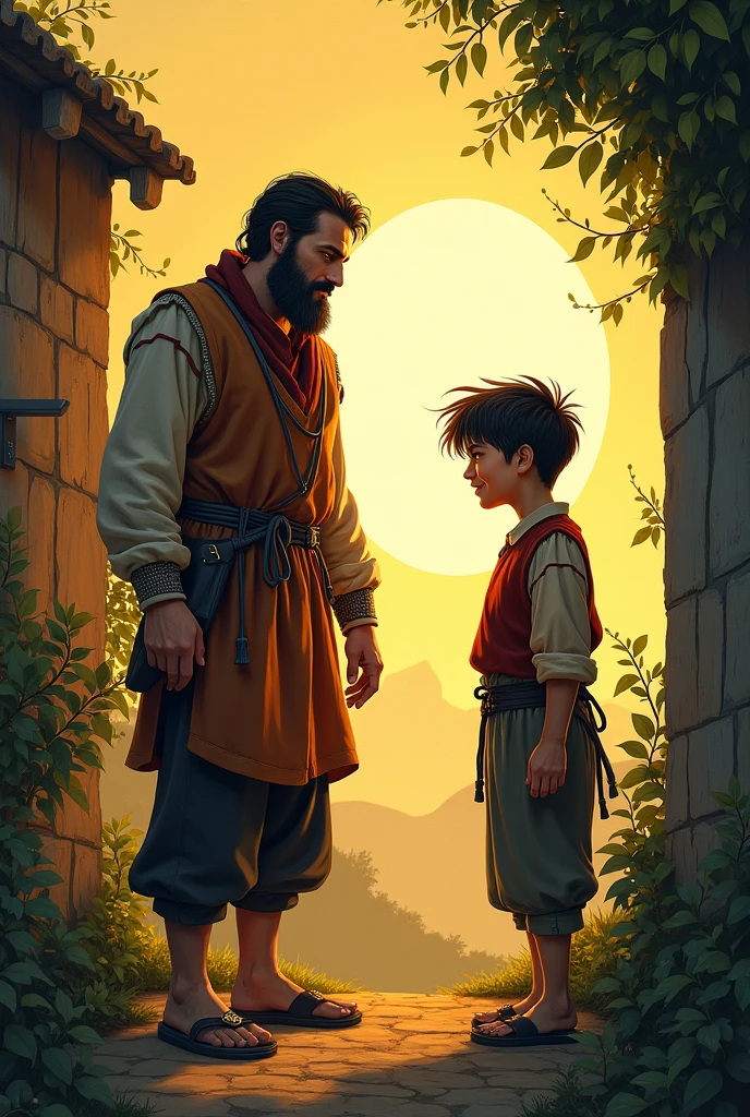 A book cover of a young boy with bow aiming at a huge boar and his master beside the young boy waring a ranger cloak
