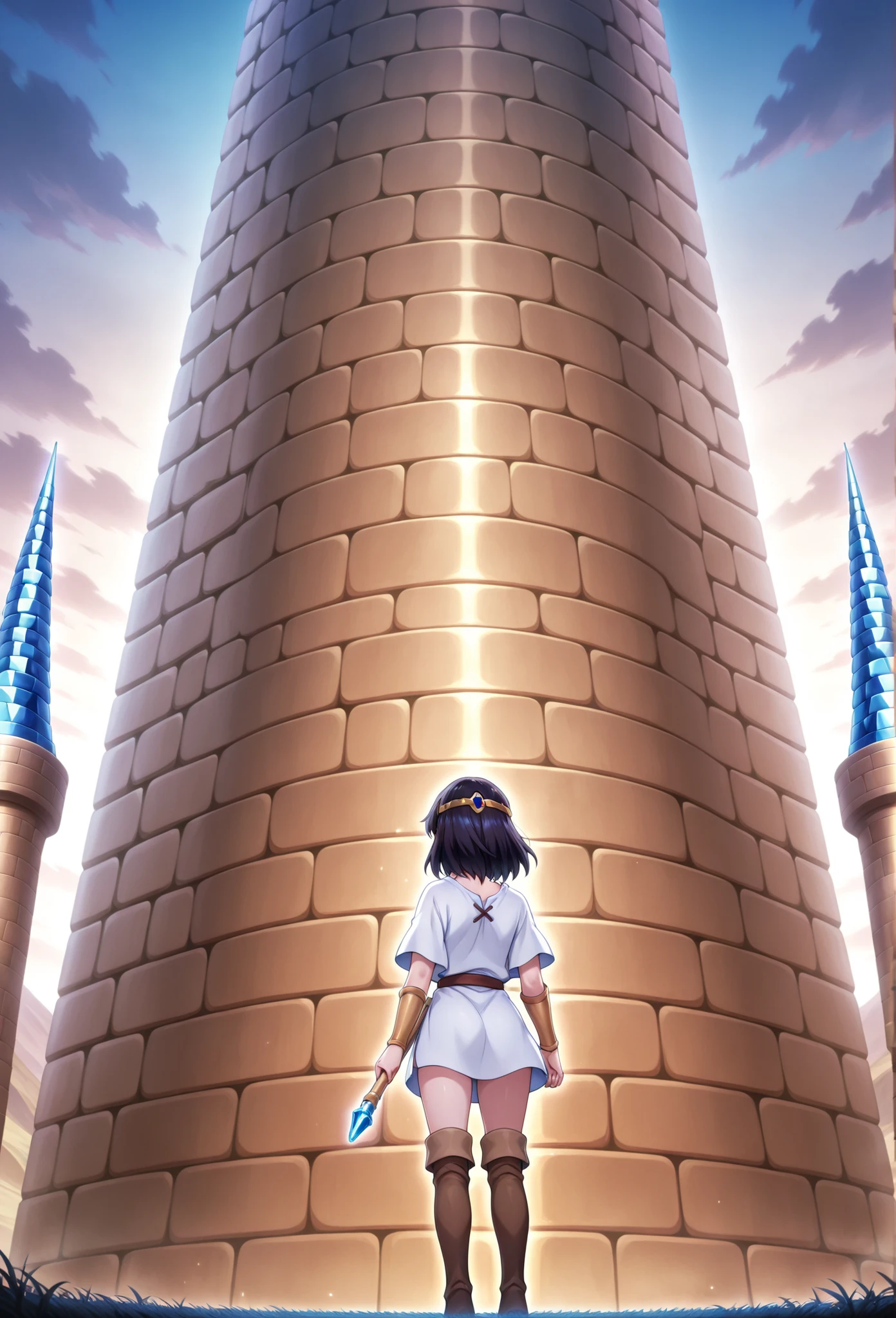 A maiden with dark hair wearing a short white tunic, thigh-high hide boots and circlet, holding a short rod with a blue crystal tip, standing outside a tall tower of Babel, back turned facing away, alone, close up view in a highly detailed anime style