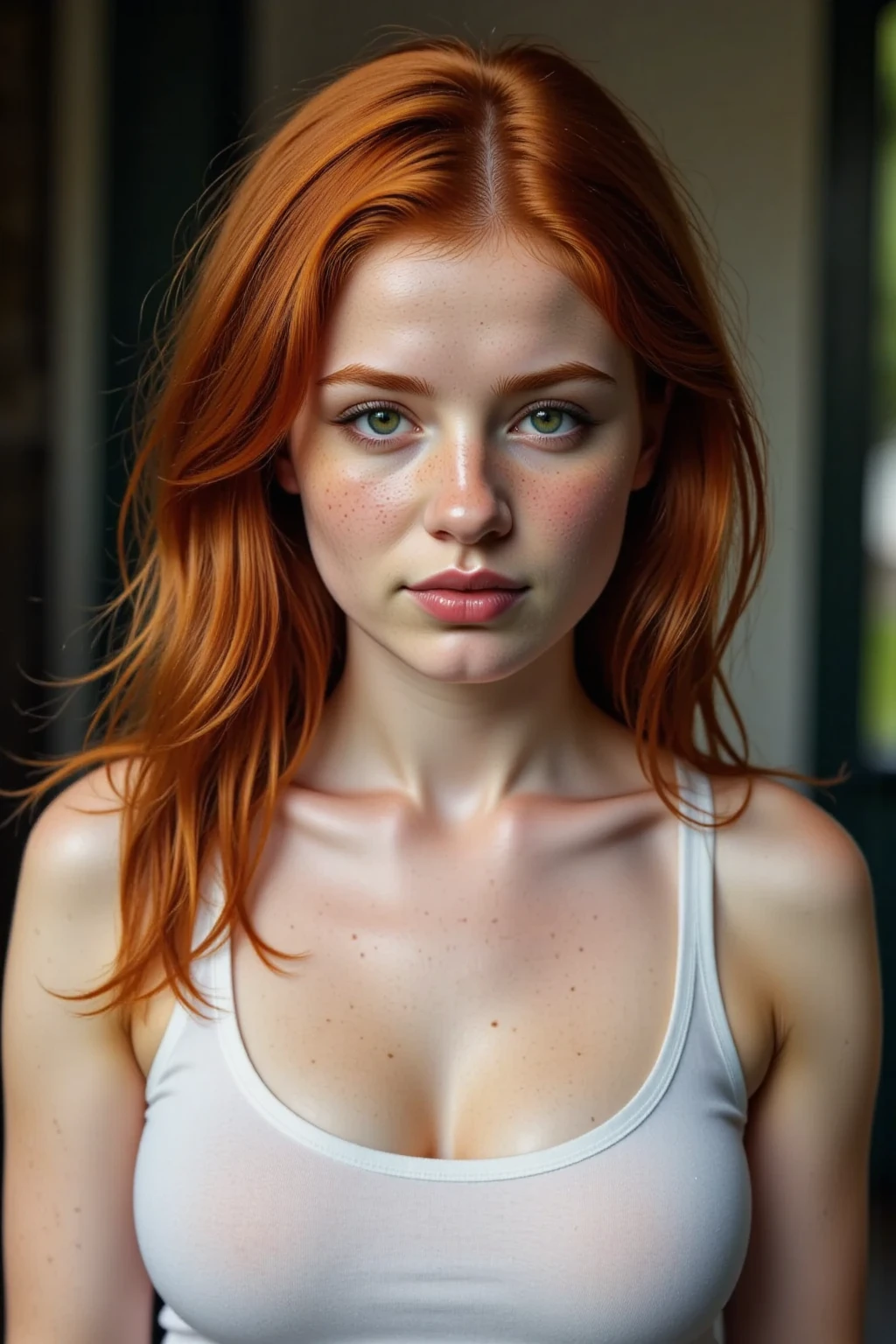1 girl age 27, wearing short and tshirt, solo, aesthetic artwork, irish redhead, long wavy ginger hair, grayeyes light, some small freckles, pale skin, G-cup, huge breasts, slim body, runners body, (textured skin, skin pores:1,1), (moles:0,8), imperfect skin, (extremely detailed 8K wallpaper),soft lighting, high quality, film grain, fujifilm XT3 sharp focus, f 5.6, 50mm, high detailed, sharp focus, high detailed, complex details, background is bazaar, wearing t-shirt
