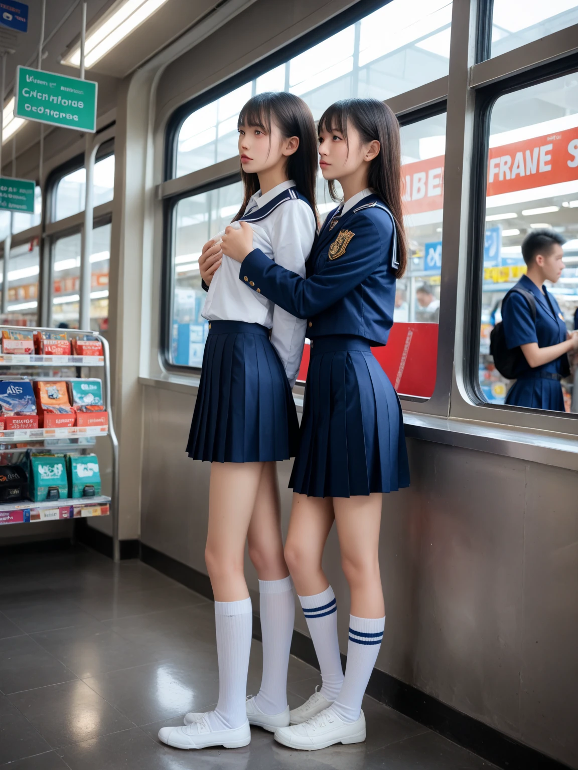 (8k, RAW photo, best quality, masterpiece:1.2), High detail RAW color photo, professional photograph, (realistic, photo realistic:1.37), ((best quality)),On the way to school, (((a beautiful and cute girl in a junior high stands on her tiptoes because of her short stature, and holds on to the straps of the train with her right arm stretched out straight:1.68))),((the girl is 13 years old)),feminine,((The girl is 138cm tall:1.37)), ((the girl is baby face)),(((the girl has small cute face))), ((big double eyelid eyes)), ((small cute nose)), ((slim waist)), ((small hip)), (looking at viewer:1.2),smooth hair, smooth skins, ((no manicure)), ((no maked up)), ((no accessary)),(the girl is wearing uniforms consisting of a white open-collar business shirt and a navy blue school skirt),((The girl is hanging on to the strap with her right hand)),