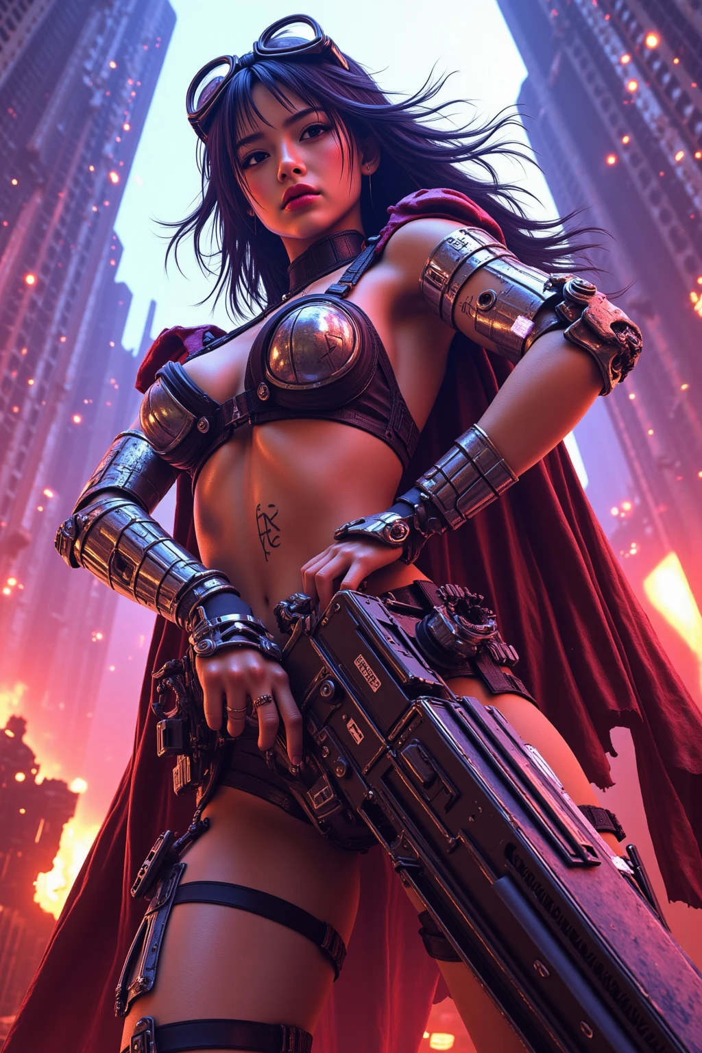 Photo of TWbabeXL01, NSFW, photorealistic, by Greg Tocchini, colorful, 1 girl, cinematic light epic shot action pose beautiful model with half computer code body and half human in a combat zone, battlefied, universe made of mirror, Portal rupture in time, insanely detailed and intricate, lord of the ring concept art, backlight, weapon in her hand, in the style of nicola samori,<lora:TWbabeXL01:0.2>