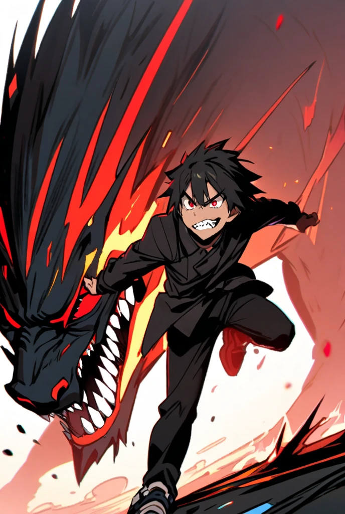 A boy surrounded by dark smoke which is formed into sharp claws, a black sash demon is behind him, and the boy's eyes dark red