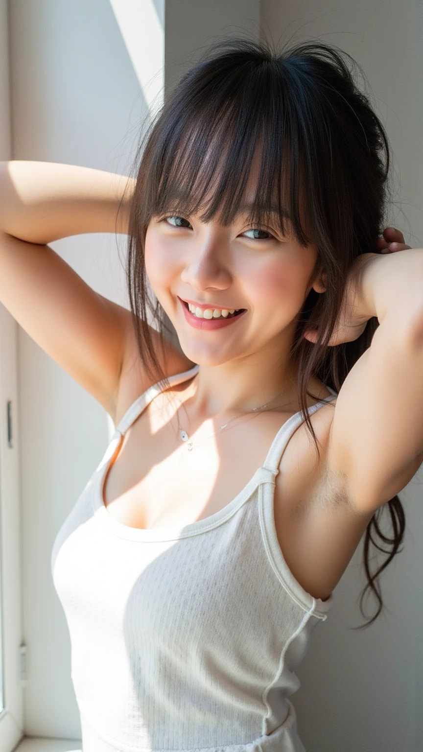 (highest quality, 8K, 32k, masterpiece, UHD:1.2),beautiful japanese women pictures, black haired, very short bob hair,beautiful face,Use natural light and color,break,(A 20-year-old wearing a white tank top and white spats crawls on all fours on a yoga mat in a yoga class.),Beautiful woman,No bra,devilish smile,look at the camera,big ass,全身Sweatだく,One mole on my chest,Squasana、full body figure，Sweat, moisture,wet hair,emphasized chest