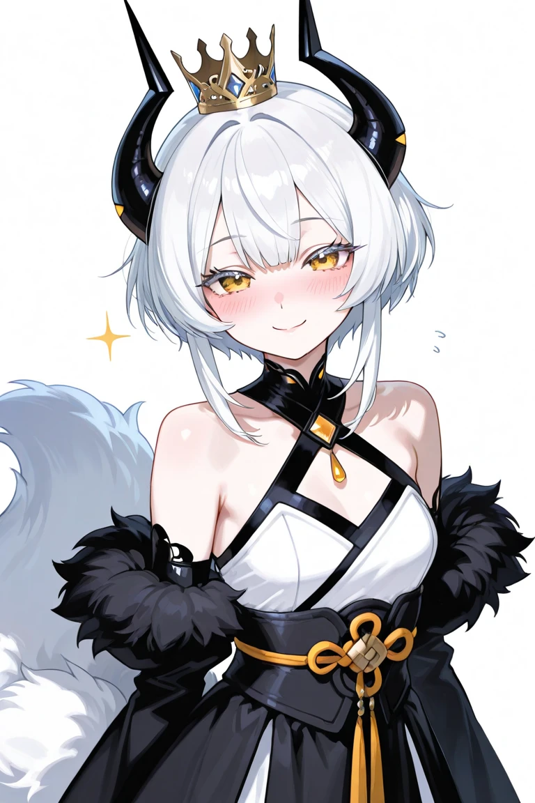 masterpiece, best quality, IncrsAhriCoven, fox tail, multiple tails, (facial mark:0.8), hair over one eye, upper body, evil smile,