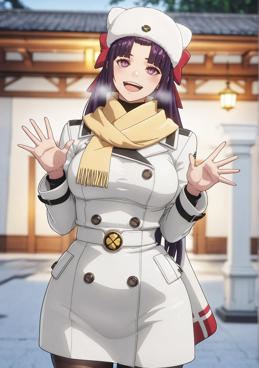 ggstduel, (minami_koyogi-style:1.4), (jam-orbital-style:0.8), ((anatomical correct)), ((Cinematic, unreal engine, eye-catching, ambient occlusion, UHD, masterpiece)), ((perfect lighting)), perfect body, perfect eyes, perfect fingers, gasping, heavy breathing, gasping profusely, ((skindentation)), ((curvy)), SHIKOKU_(MATO_SEIHEI_NO_SLAVE), purple hair, purple eyes, slit pupils, long hair, hair bow, red bow, parted bangs, ribbon trim, half updo hair, bangs_pinned_back, straight hair, ((medium breasts)), plump, 1girl, scarf, solo, hat, smile, coat, chromatic_aberration, blush, breasts, facing_viewer, white_coat, pantyhose, winter_clothes, long_sleeves, yellow_scarf, outdoors, buttons, blurry, hands_up, fur_hat, blurry_background, white_headwear, open_mouth,