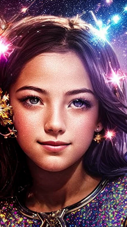 High detail, super detail, super high resolution, girl enjoying her time in the dream galaxy, surrounded by stars, warm light sprinkled on her, background is starry sky with colorful galaxies and galaxy clouds, stars flying around her, delicate face, adding playful atmosphere ,