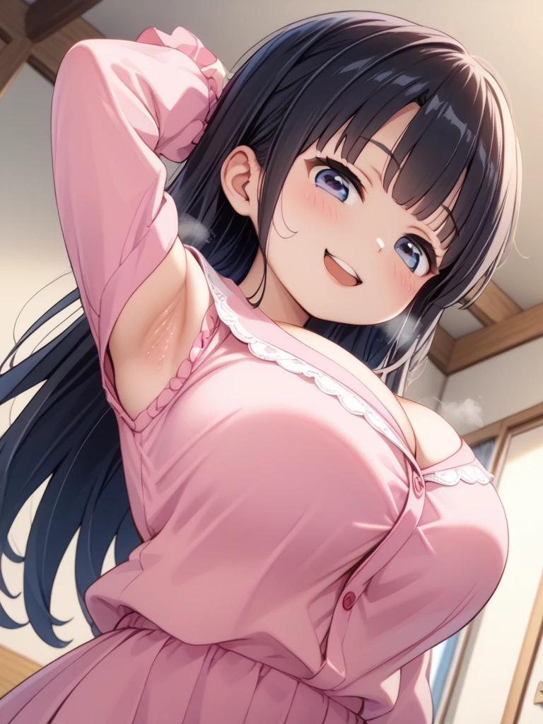 1girl,solo,yuuki mikan,, ,brown hair,, ,1girl,,,big breasts,,open mouth,,tongue,smile,(spoken heart),living room,,looking viewer,(((casual clothes))),nsfw