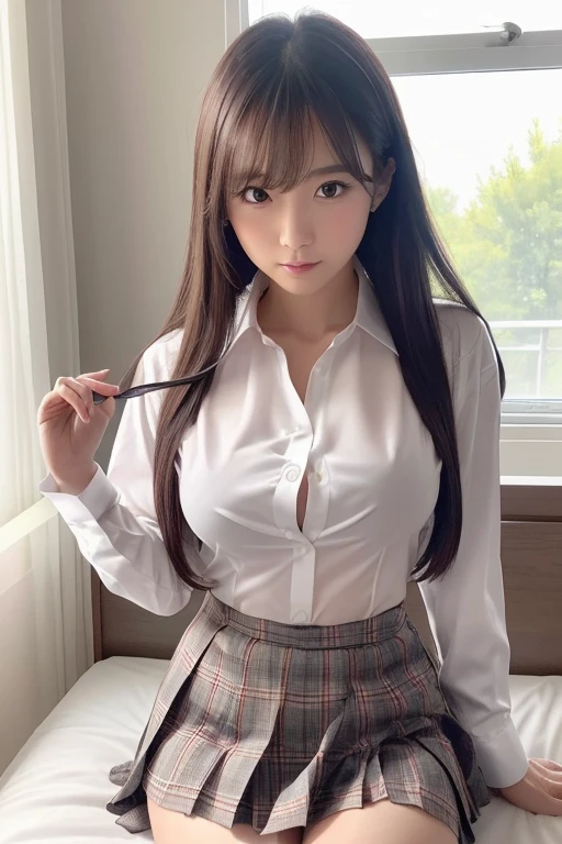 (Cute Japanese Girl), Sexy 18 year old girl, (The cutest face), Thin chest, Thin thighs, Straight hair, bedroom, (office), (blouse), (tight fitting skirt), ((Sexy pose like gravure model)), (sitting on a chair),