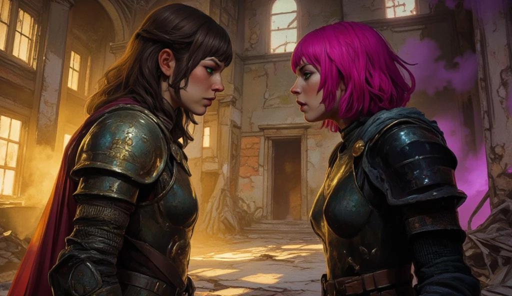 (masterpiece), (highly detailed face), (4K), (2girls), a muscular dominant caucasian female knight with medium length brown hair in a pony tail leans over a muscular Scottish woman with straight red hair, plate armor, flirty expression, leaning close, lesbians, sexual tension, sweat drop
