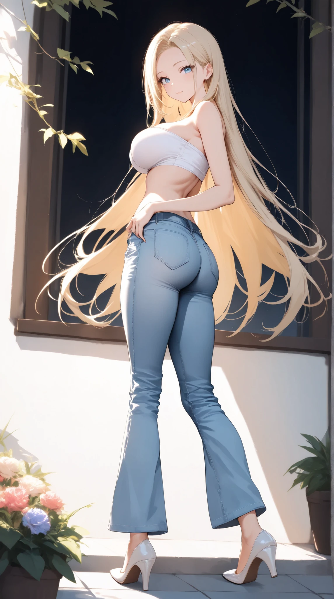 (masterpiece、highest quality、High resolution、realistic pictures、real looking skin:1.1)、(The buttocks are not big:1.8)、 (He is wearing a tight-fitting white T-shirt.:1.5)、(Wearing tight long denim jeans that fit perfectly:1.5)、(wearing high heels:1.5)、(She is facing her back because she is showing her butt, but her face is facing me.:1.5)、 1 Japanese girl、solo、beautiful eyes、shining eyes、provocative look、blonde、medium long hair、university student、The location is downtown、 (The beauty of her legs and buttocks stands out:1.5)、(with the whole body:1.6)、NSFW