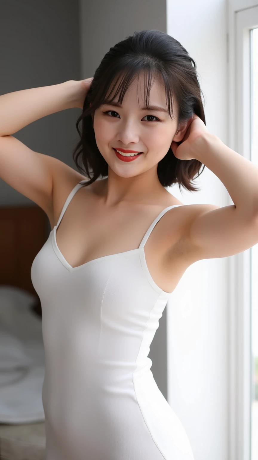 8K, Ultra-high resolution, Highest quality, masterpiece, 三分割法によるphotograph,Surreal, photograph, 1 girl, (:1.3), pretty girl, Cute face, Beautiful eyes in every detail, 細かくdetailedに,masterpiece,, One Girl:1.2, Japan Female Announcer,whole body,Young Wife,(Competitive swimming suits),Full of cleanliness,A carefree smile,Healing the heart,short hair,Looking at the audience、beauty,Long neck、Laugh a little、Please close your mouth and laugh、(((Ideal body type))),A-cup small breasts :2,、Portraiture:2、Perfect Anatomy、鮮明なdetailed、detailed、Surreal、Light and shadow,Strong light