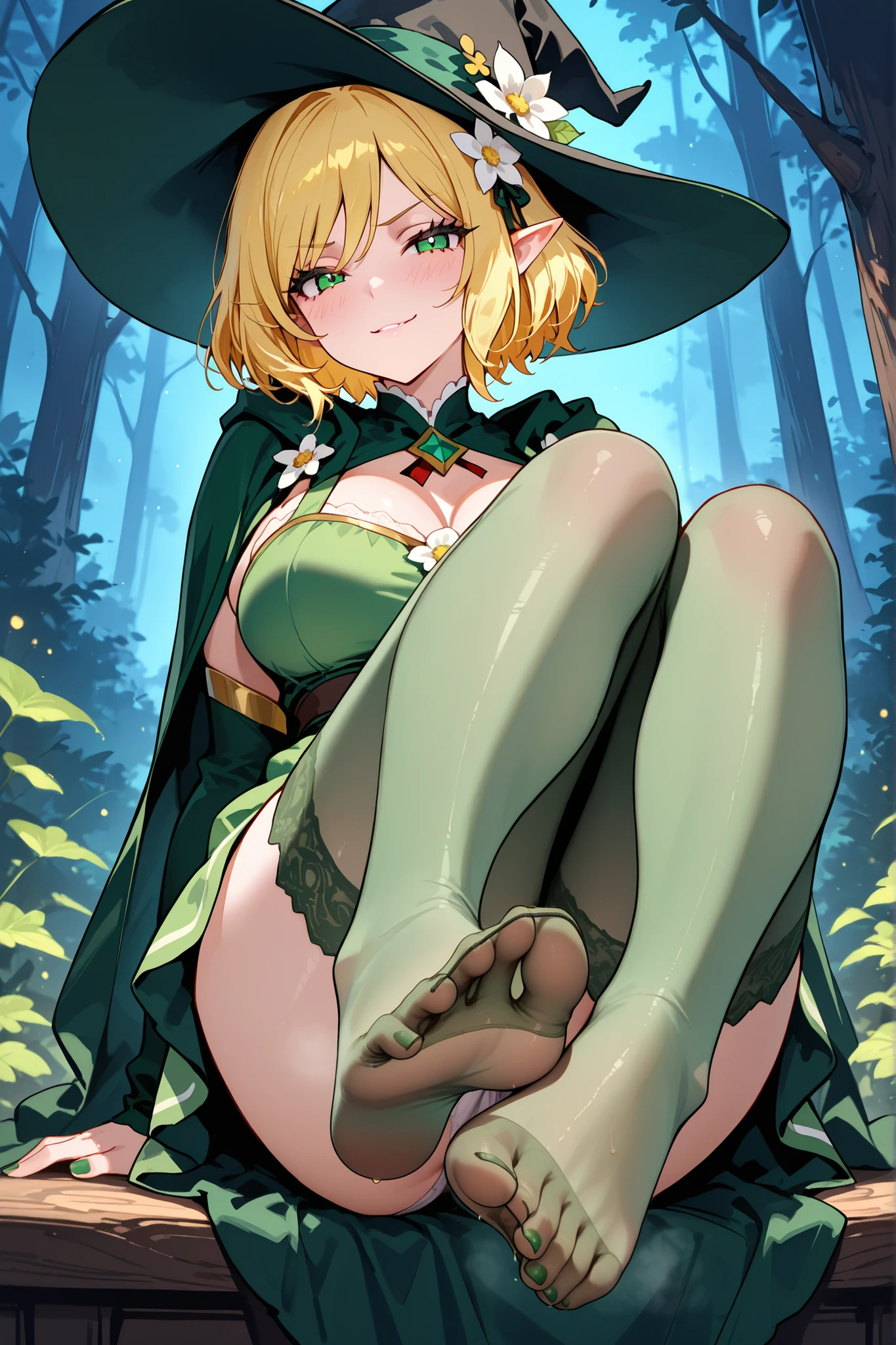 (Best quality, 8k, 32k, Masterpiece, UHD,:1.2),RAW, 1girl,ultra cute , natural lighting,transparent shining eyes, 20yo,medium breast ,fair complexion, big breast, short hair, flushed face, Elf ,A fitted, corset with intricate gold embroidery depicting vines and leaves, The corset is layered over a sheer, earthy-brown blouse with billowing sleeves that cinch at the wrists,high-waisted mini hipbone garter skirt in deep forest green, with gold stitching along the sides,leather utility belt, Squatting, From Below, Showing panties, wet, wedgie