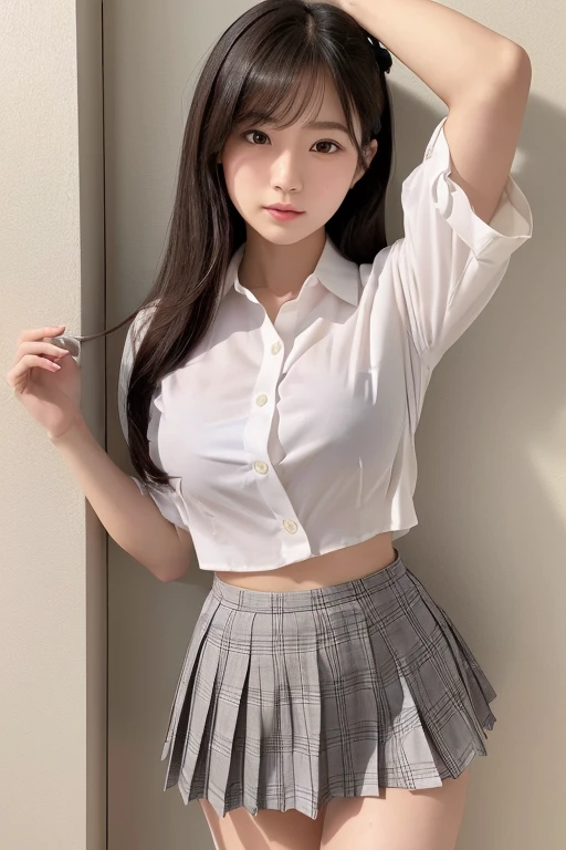 Detailed face、highlight、Asian Girl、thigh、breast enhancement、Black Hair、Heavy bangs、Checkered Skirt、White blouse、
