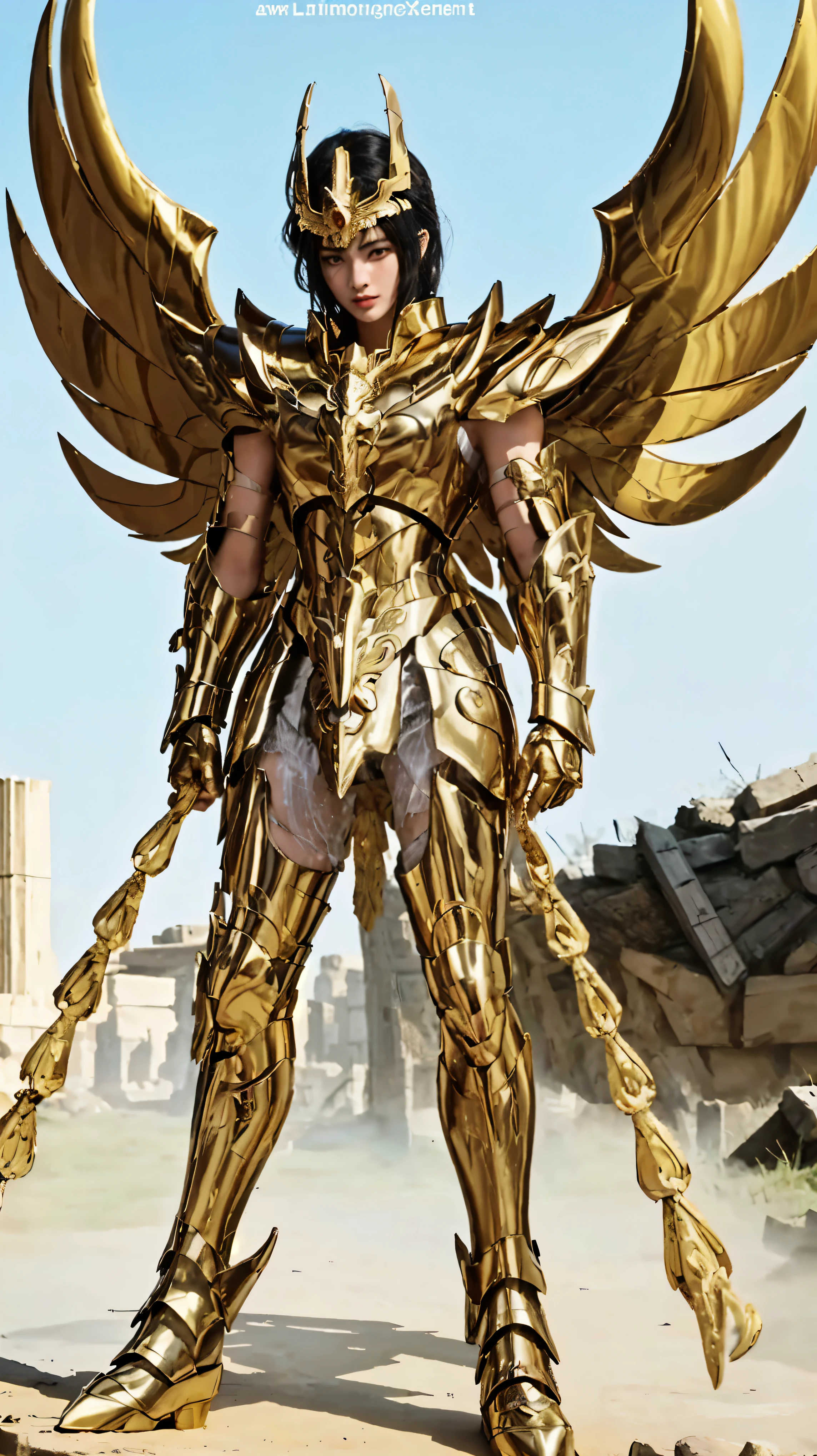 Masterpiece, 8K, Best Quality, Intricate Details, Ultra Details, Ultra High Resolution, (Makeup: 0.4), (Feathery black eyes: 1.21), ((Full body)), ((Muscles: 1.1)), ((Daytime: 1.3)), Standing, HDR, Ultra Detail, EF 24-70mm f/2.8L II USM, Best Quality, High Quality, 1 Girl, Japanese Girl, Cute, Beautiful, Charming, (Cosmic Big Breasts), 20 Years Old, 1 girl in a gold costume standing in front of a city, unreal engine render saint seiya, angelic golden armor, saint seiya, wearing gold armor, the egyptian god, light gold armor, gold armor, wind egyptian god, wearing golden armor, gold armour, golden armor, storm egyptian god, golden armor wearing, gilgamesh, phoenix warrior, golden armour