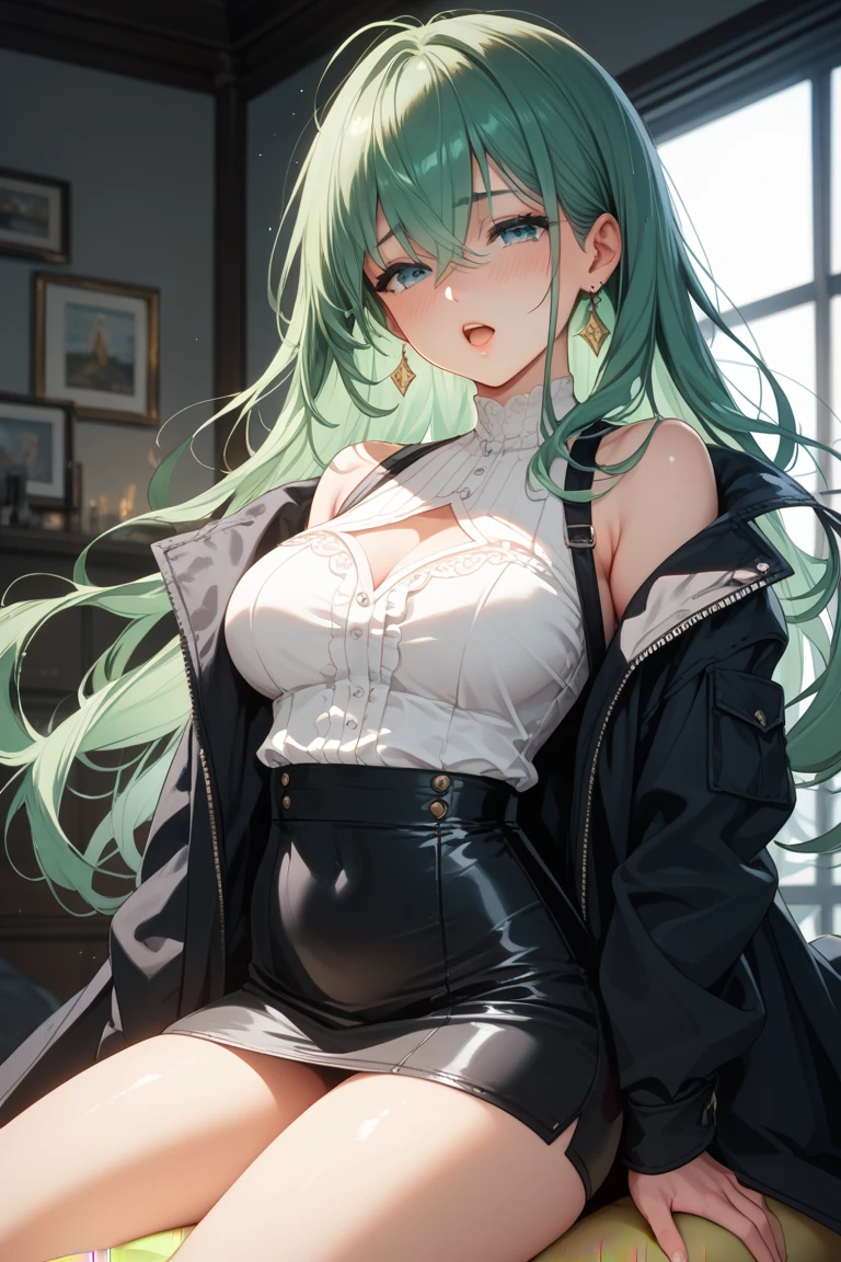 Best quality, green hair, small breasts, cleavage, navel, t-shirt, ((bra)),clothes lift, skirt, lying, full Body, perfect body ,sitting, armpit