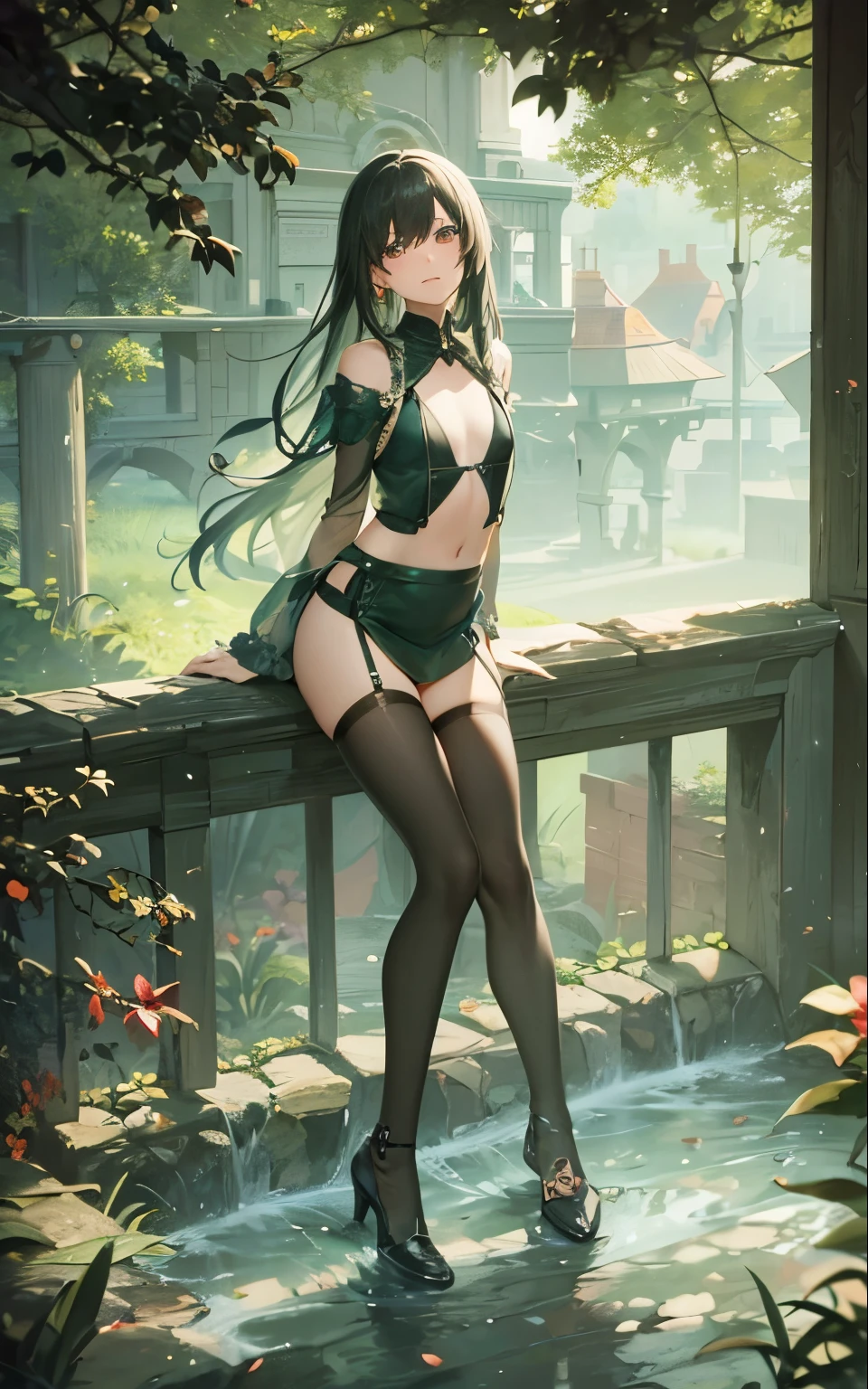 (full body shot, full body view), cute and symmetrical face, masterpiece, RAW photo, best quality, photorealistic, extremely detailed CG unity 8k wallpaper, (natural side lighting, movie lighting), looking at viewer, (face focus), 1 girl, japanese, 25 years old, perfect face, perfect body, shiny skin, (long sideburns, light black hair), hair between eyes, emerald green eyeiddle breasts), beautiful hair, beautiful face, beautiful lips, beautiful eyes, beautiful detailed eyes, beautiful clavicle, beautiful body, beautiful chest, beautiful thigh, (beautiful long thin legss), beautiful fingers, (small butt), blush, ( Stiletto heels and anklets), black office lady uniform,Office wear,(black flare skirt,ruffle skirt),(biologically correct form,correct appearance as a human being), (lovely smile, slightly open mouth),droopy eyes, black stockings, slender body, garter belt