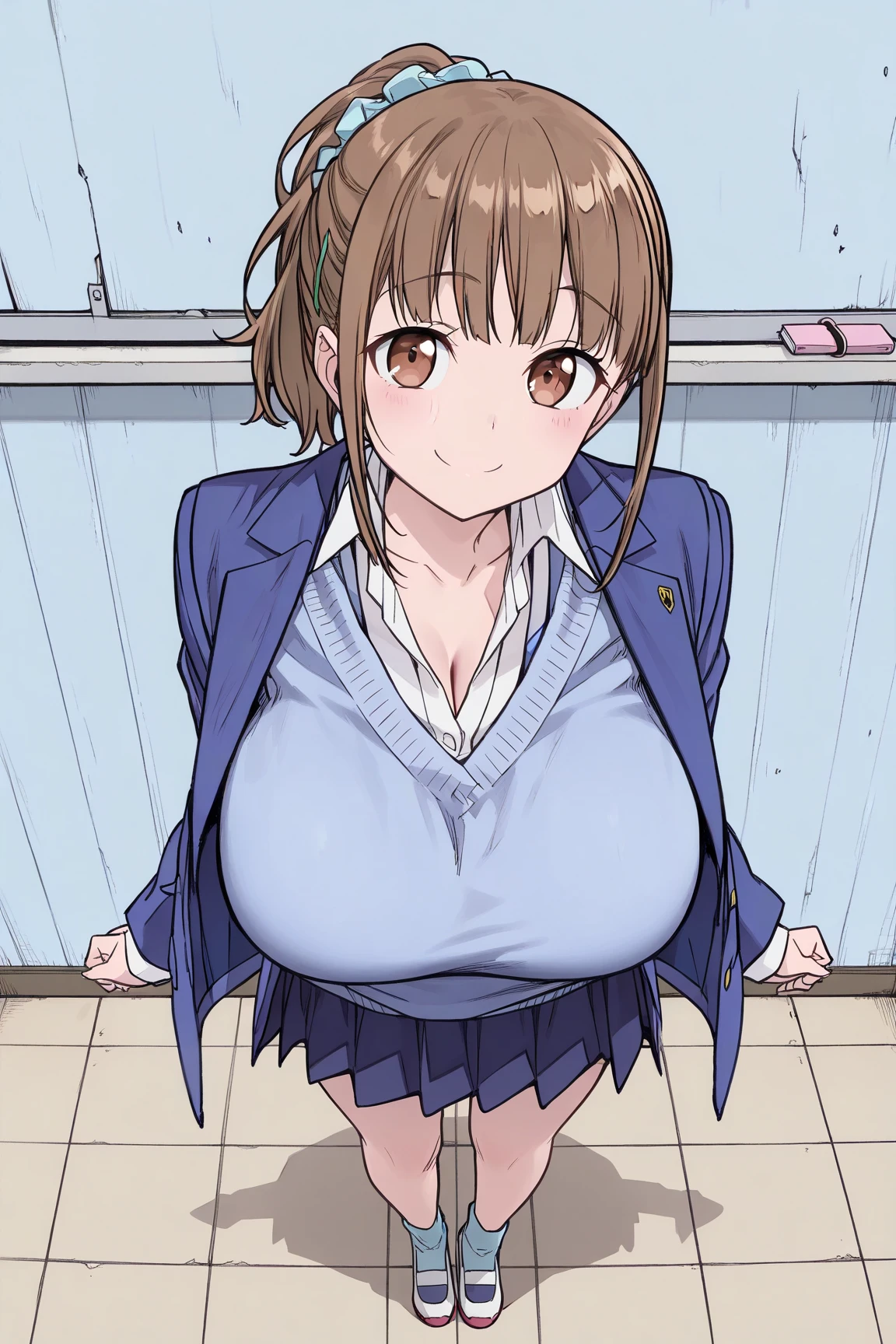 Shooting in the classroom,Show the whole body(Mastepiece,1, alone) (Kodama Fumika)ponytail,Pink ribbon,Big Breasts,Cleavage,Cleavageを見せる,White shirt