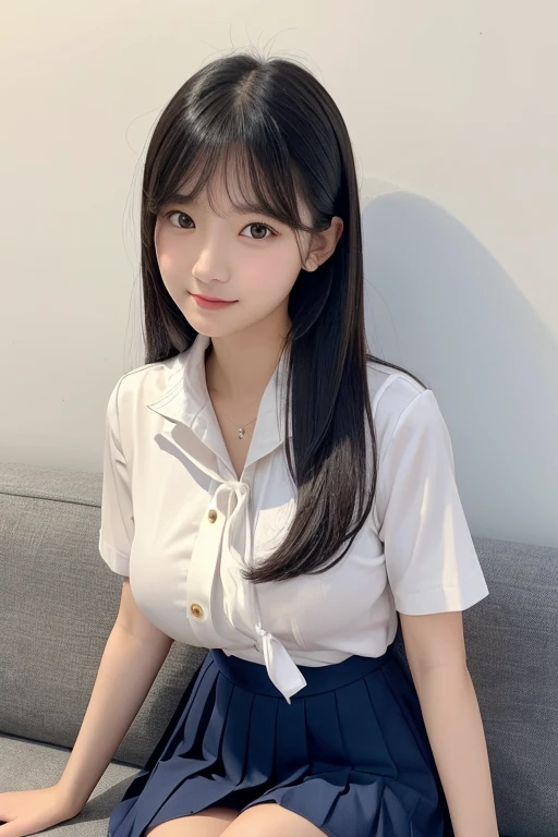 Nipples visible from white shirt, no panties, full body figure, black hair long straight, high school student, uniform, sexy, bra, Japan person, 17 years old,