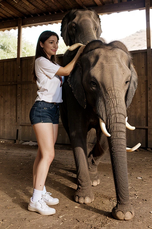 (best quality)), ((masterpiece)), (detailed), one girl, perfect face, female with long black color hair, Long and straight black hair tied in a ponytail, perfect body, big , blue color eyes, big eyes, strong makeup, Full lips, big smile, OPEN mouth, perfect teeth, strong hips, whole body, Squatting and petting a goat, 10 AM, daylight, sunlight , tight pants, tight shirt, rihanna, Angelina Jolie, Monica belluci