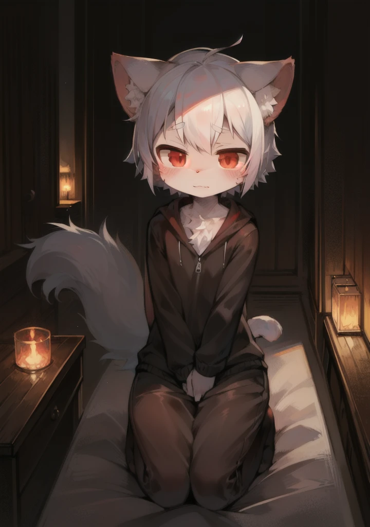 A drawing of a 16 year old anthropomorphic black cat with, red eyes, red horns, red hoodie with white drawstrings and gray sleeves, hair covering one eyes, red stockings, red collar with a silver bell, male, solo, black fur,