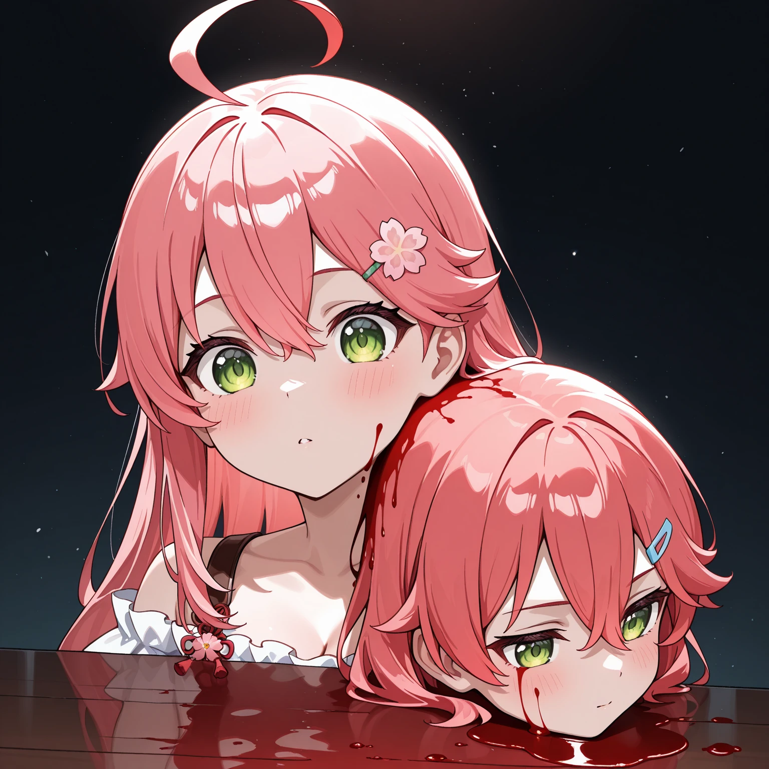 best qualiy、The Masterpiece、high - resolution、extremely detaild、8K、two girl、a Pretty、anime、Crystal clear white skin、Functional、full bodied、middle school student、14yearsold、(Hair color is light pink with glitter)、Blood is splashing out of the eyeball、Bloody all over the body、Cute Summer Uniform、Massive gush of blood from the eyes、Falling and fainting、convulsions、murderer、Deep in the forest、dive、Dark and suspicious、A pond full of blood