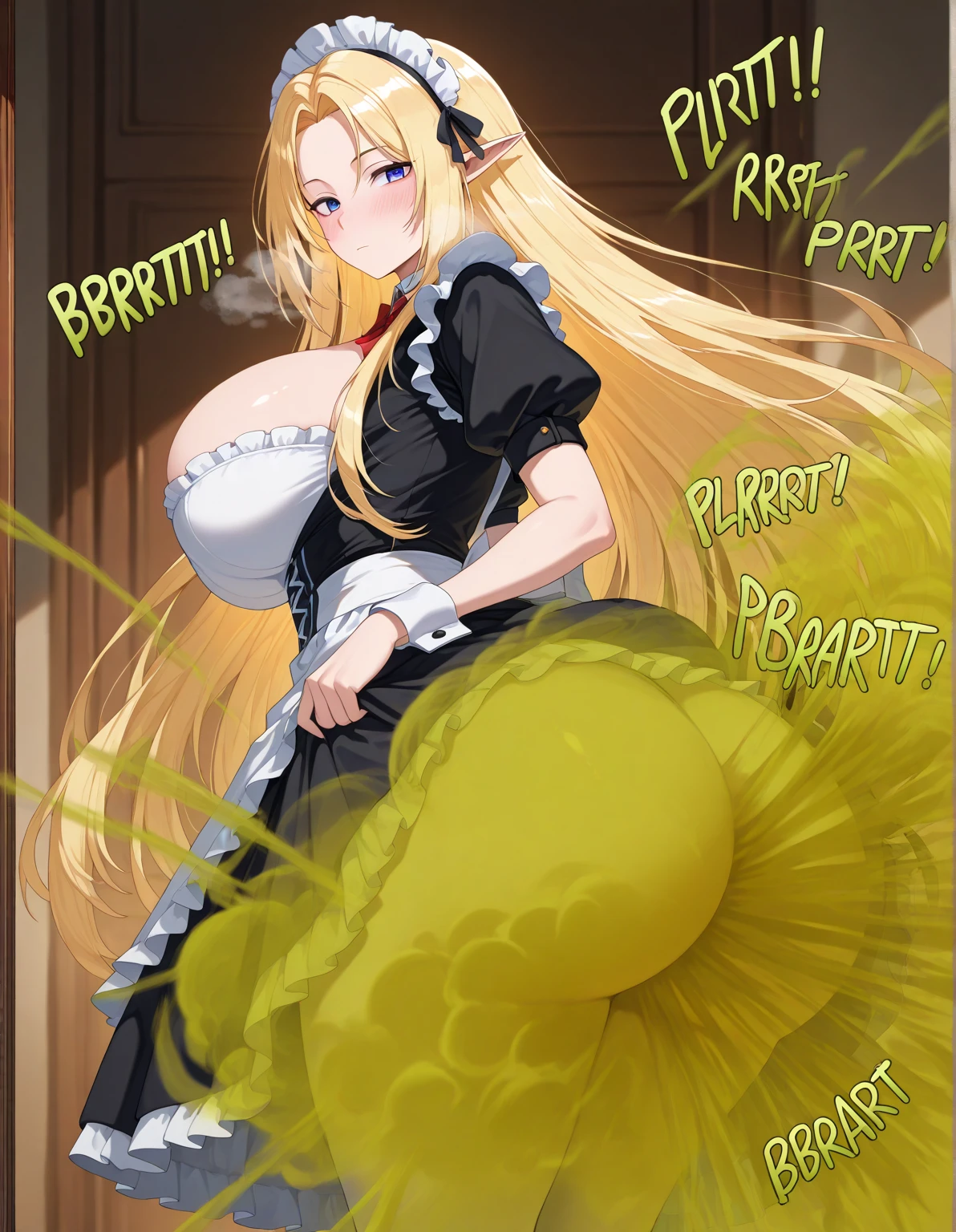 Lusamine in a maid outfit chained by the neck with two giant black penises on each side shooting semen into her mouth and her huge breasts and her huge ass wet with semen