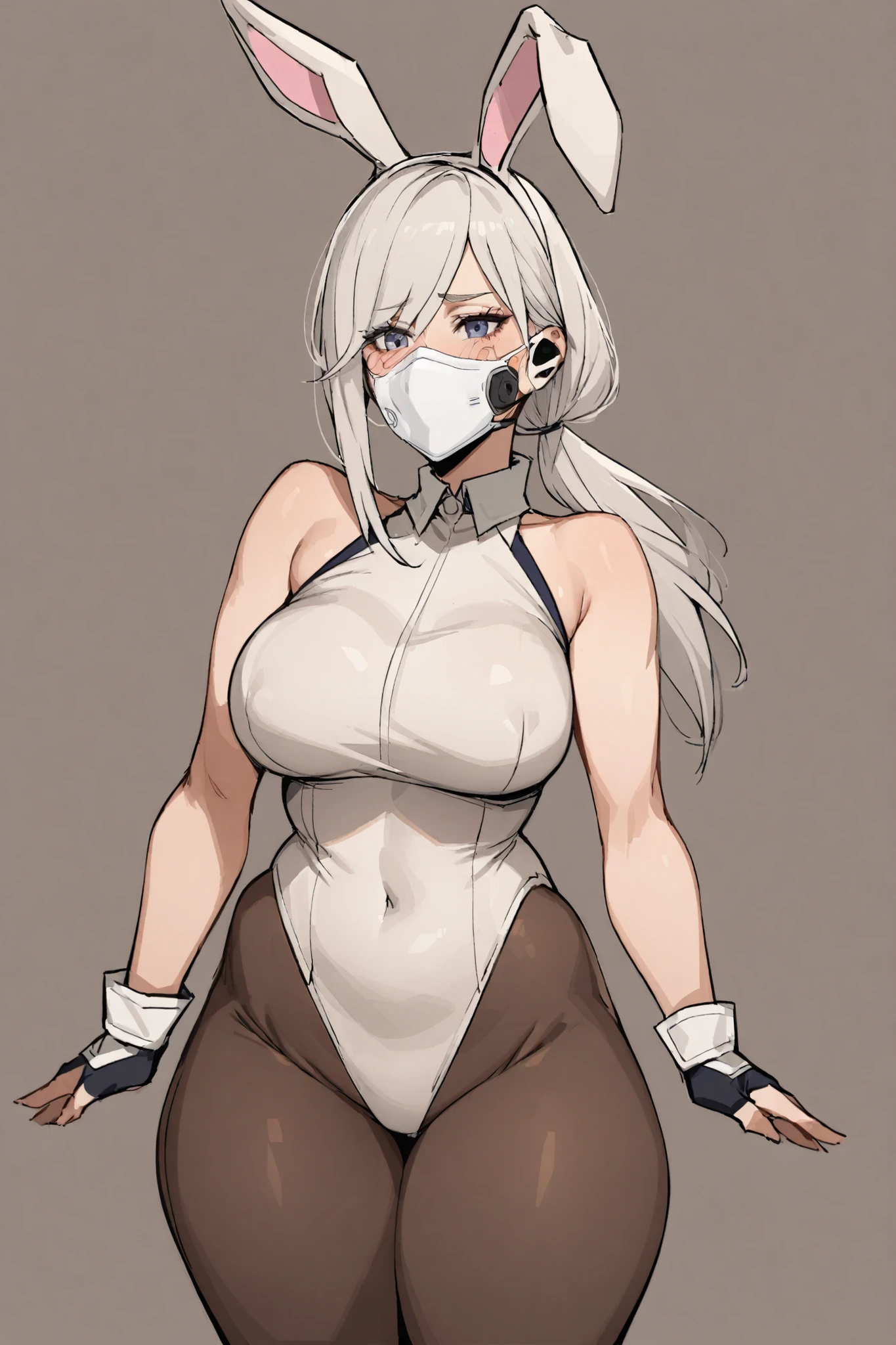 1 heroine girl, white hair, low ponytail, long bangs, voluptuous, white heroine leotard, pantyhose, fingerless gloves, rabbit ears, face tech mask, simple background