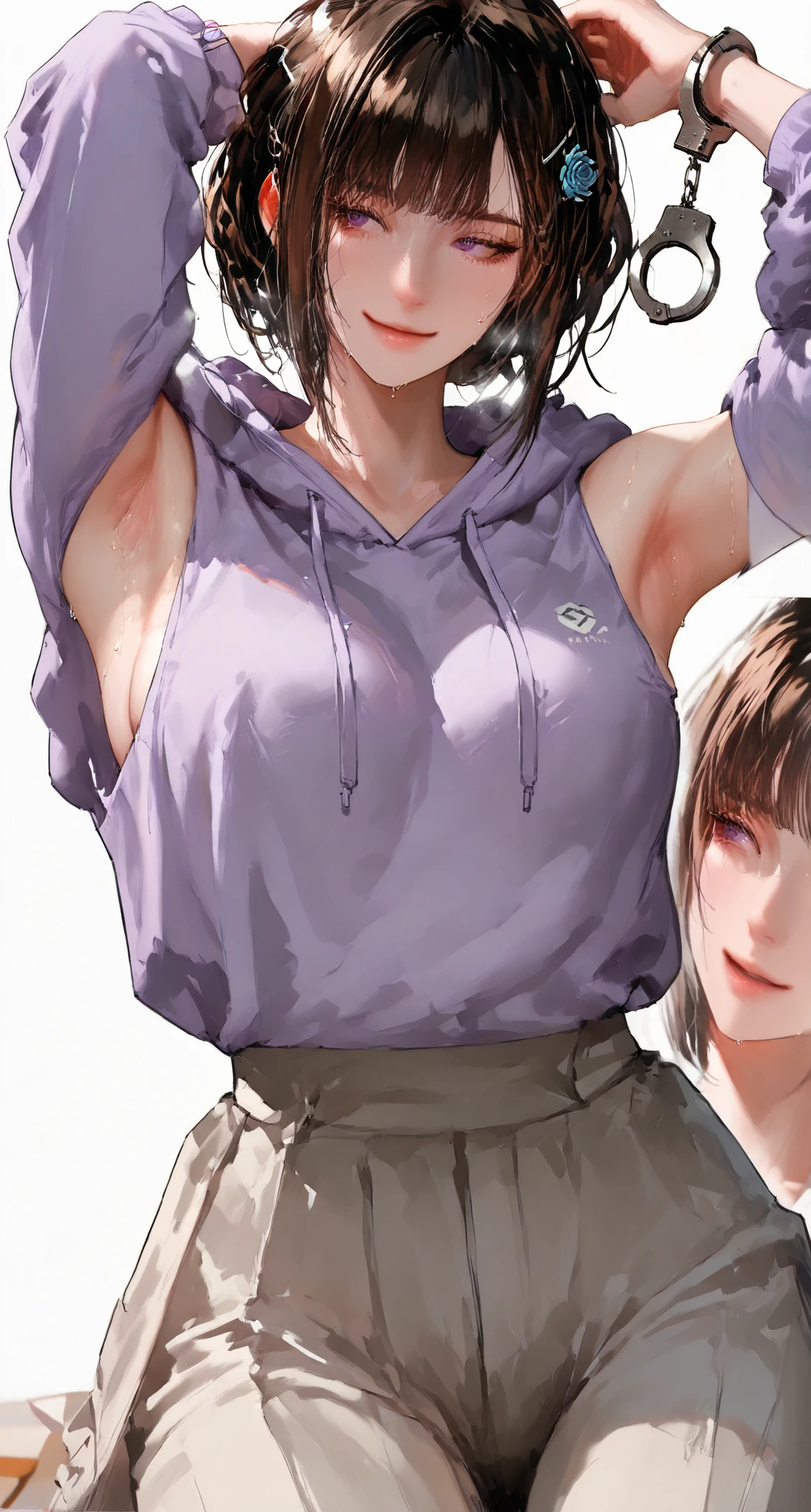 1 girl,hairpin hairstyle,dark haired, Cold, high detail, {distribution},Realistic photo,Life photos, high details, high quality, best quality, distribution,dark purple eyes, dark brown hair, beautiful, tall, emotionless, ,{hairpin hairstyle} , weakly happy , medium, Light purple eyes , ((feminine )), (( handsome female face)), handsome, bite_1024, ( wearing a light purple hoodie), masterpiece, full body, alone, blurred background , white background, Cold expression (close up), light atmosphere , classroom background,1 girl, , perfect face,,extra thick thighs,extra thick thighs,hair that highlights the thighs ,light purple hoodie,tall,tall ,cicada is lying down slightly, long pants,light gray-blue Japanese pants,{ long pants},take a light blue rose, Eyes and Lips 、 bangs、smiling skin、eyebrow、Meat quality。Lower eyelashes, normal neck , medium ,armpit,charming smile,衣服armpit破口,{real face with clear facial features},South Korea,armpit, Face camera facing me with handcuffs,clothes attached to cuffs,presence of clothes connecting cuffs,tall,layered pants, medium breasts ,long sleeve hoodie,Underarm odor,Rub your hands and sweat your armpits,finger press your armpit,Touch your armpit