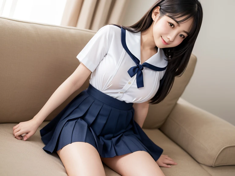 ((highest quality、8k、masterpiece:1.3)),((((cowboy shot)))),Ultra-high resolution,big eyes,Japanese,bangs,(a girl),(1 girl),((20 years old)),grin,((facing at viewer)),(long hair),(((black sailor uniform))),((sitting on chair)),(pleated mini skirt),((white floral panty)),((skirt lift)),((short crew socks))