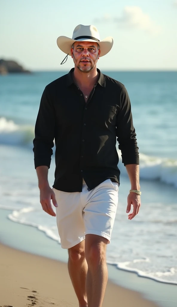 A white man, aged 36, model type, with short dark hair, with clear eyes, wearing a white shirt underneath a black shirt, boxers, tennis,  on a beach in Alentejo