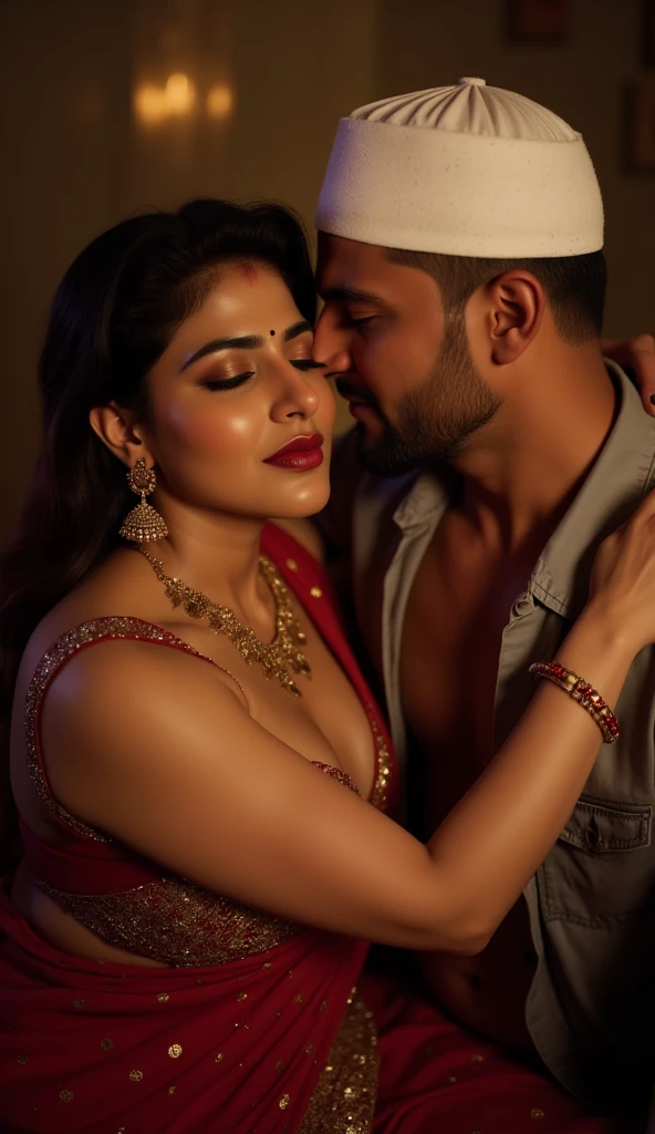 close up photo of 20 years old mahie gill, hourglass figure, swooping breasts, deep cleavage, curvy, armpits, seductive eyes, look at viewer lusciously, wide open spread legs, taking bath in a river of future AI world waterfall, seductive eyes, sultry, look at viewer and subtle smile, red lips, ponytail, necklace, 4K, HD