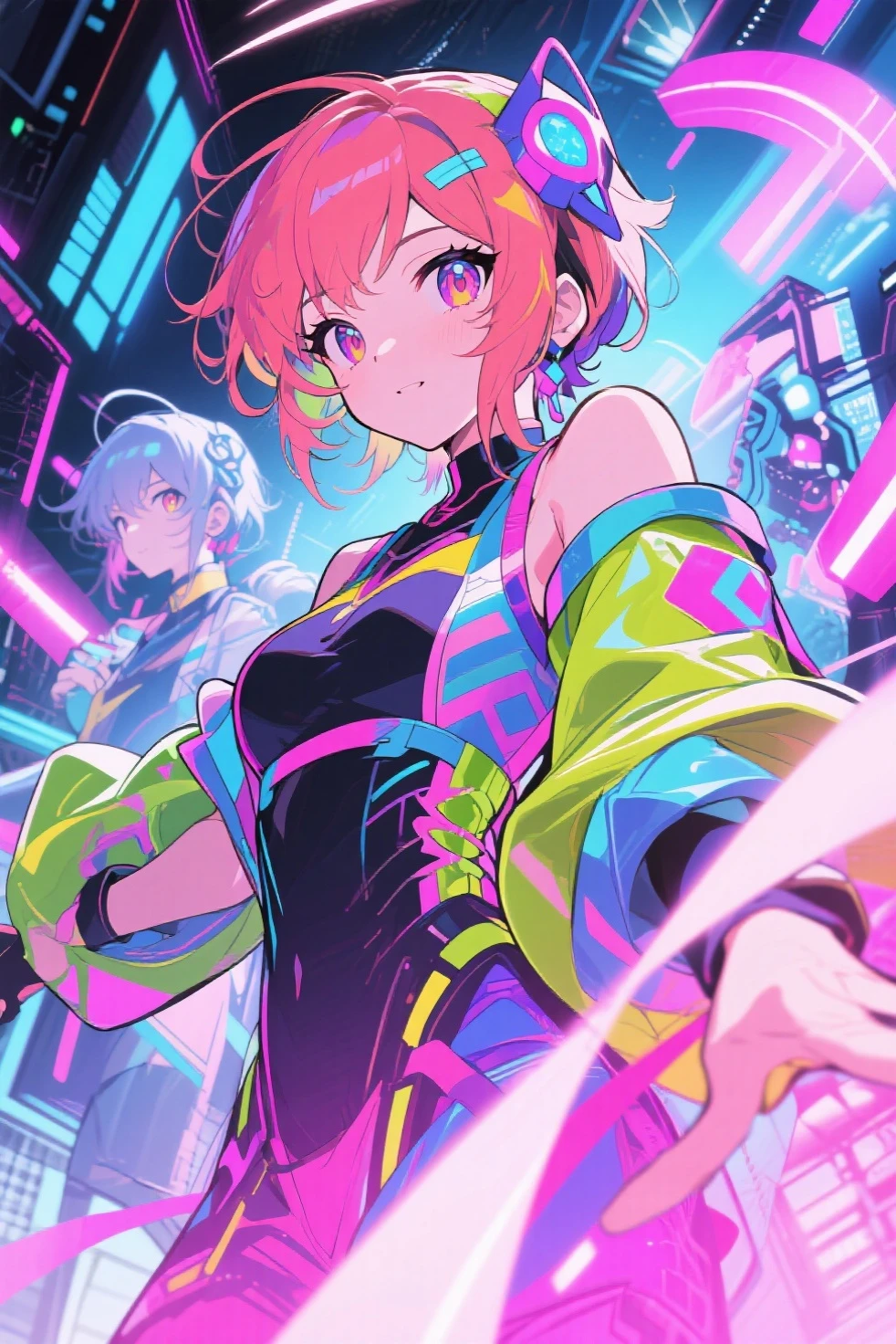 (highest quality images、)Neon color、space disco、80's、dancing young girl、