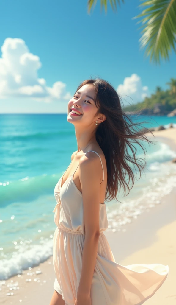1girl,fisheye,sea,wind,messy hair,sunset,beach,(aesthetics and atmosphere:1.2),long hair,green camisole,light smile,happy,shallow depth of field, wavy hair, looking  up