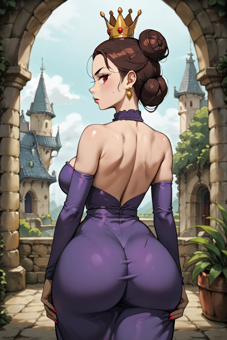 Anime art style,masterpiece,(Dark brown hair), (Very detailed),(Very delicate and beautiful),(alone),((((ass pov)))),(Detailed face and eyes),Beautiful eyes like jewels,(A truly gorgeous jeweled ruffled rococo ball gown dress),(((Mature Woman,Queen))),((1 Queen in a beautiful embroidery and jeweled absolutely gorgeous rococo ballgown dress with voluminous full length hoop skirt)),((crinoline)),Absolutely gorgeous highly detailed rococo ball gown dress with ruffled voluminous full length hoop skirt,(((Long Straight Hair))),(Huge boobs),Cleavage,(Fantasy Castle,Outdoor,Outside the castle),length_gloves,Very gorgeous hair accessory,Sparkling、,((Gorgeous Glitter Jewelry))
