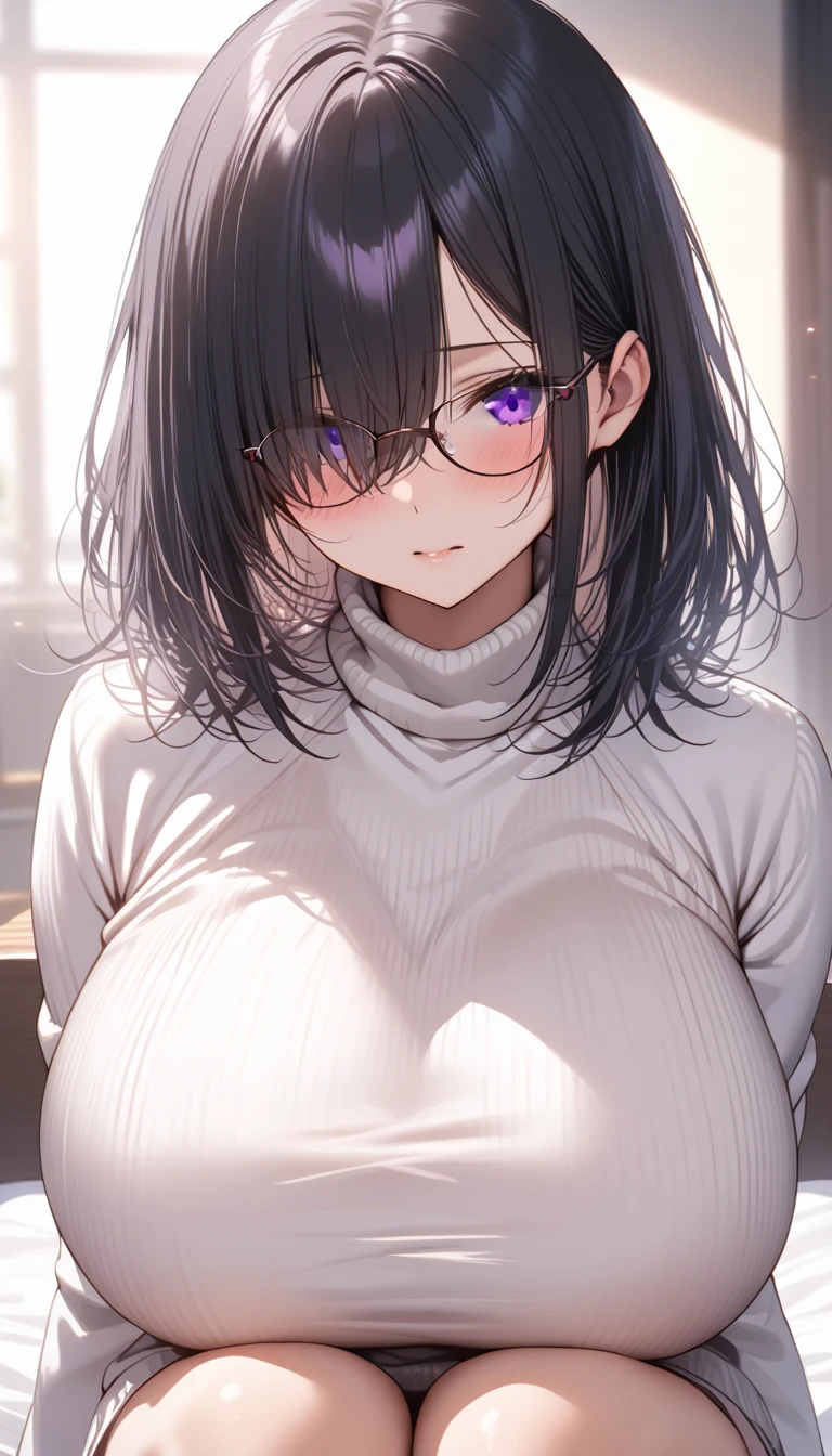 {lady with shoulder-length black hair named Rico}, business suits,tall,''short hair,lovestruck,grossy lips, (It feels like saying Hello, daytime hours), indoor,{going out style}, ((Heart-shaped choker) ), (office room), Bright background,purple eyes, Mole under the eye, Heart-shaped purpils, ((Masterpiece)), Highly detailed CG Unity 8k wallpaper), Top quality,, Detailed background, beautifully detailed eyes, heart shaped pupils,hollow eyes, looking at viewer,(very delicate and beautiful)), ((beautiful) eyes (detailed description),extra large breasts, ,floating heart,sadistic smile,growing eyes,try to show me legs,sitting on chair,black lace,shirts,earring,from ,stick out ass,tight skirt,thighhigh,put hands on skirt,glowing eyes,,garter,no sleeve,summer sweater,masterpiece,turtleneck