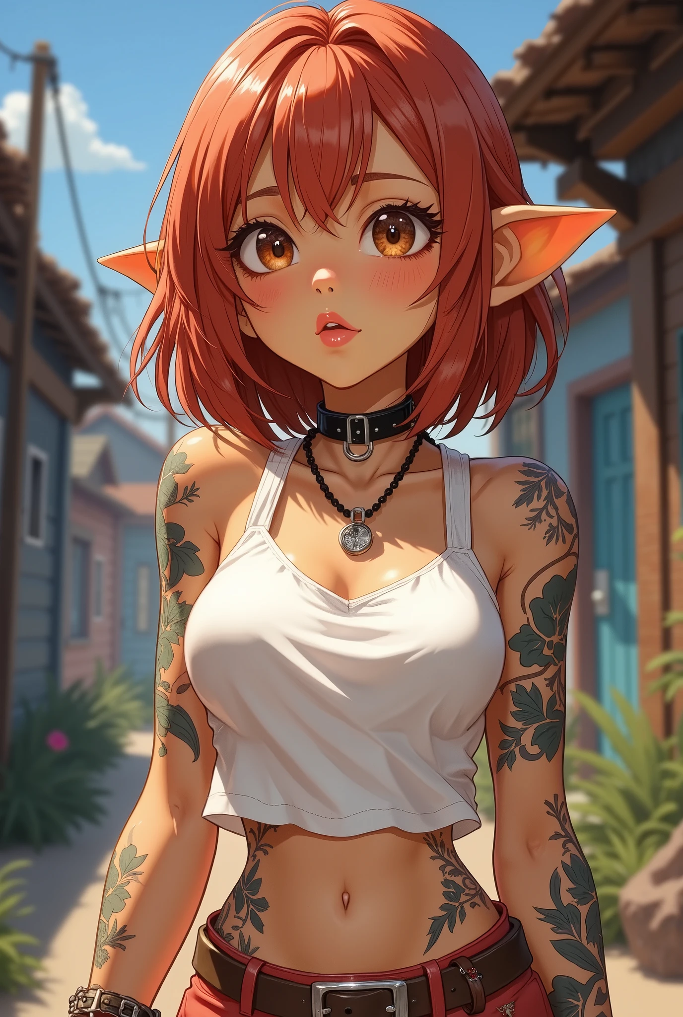 Western cartoon, tan-skinned woman, athletic build, funny expression, red-brown bob hair, big brown eyes, hair between eyes, multiple new school tattoos, depth of field, background blur, bare hands, accessories, bare sleeves, bare shoulders, bracelets, full body shot, small breasts.