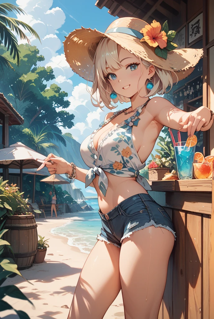 {{Master Masterpiece}}, illustration, best quality, extremely detailed CG Unity 8k wallpaper, 1 girl, a lively girl, on the beach, on the beach, fruit and drink on table, blonde hair, short ponytail, swimsuit, sunlight, bright smile, ice, white bikini,Sunscreen clothing, orange, 16 years old, straw hat,jump up, whole body,