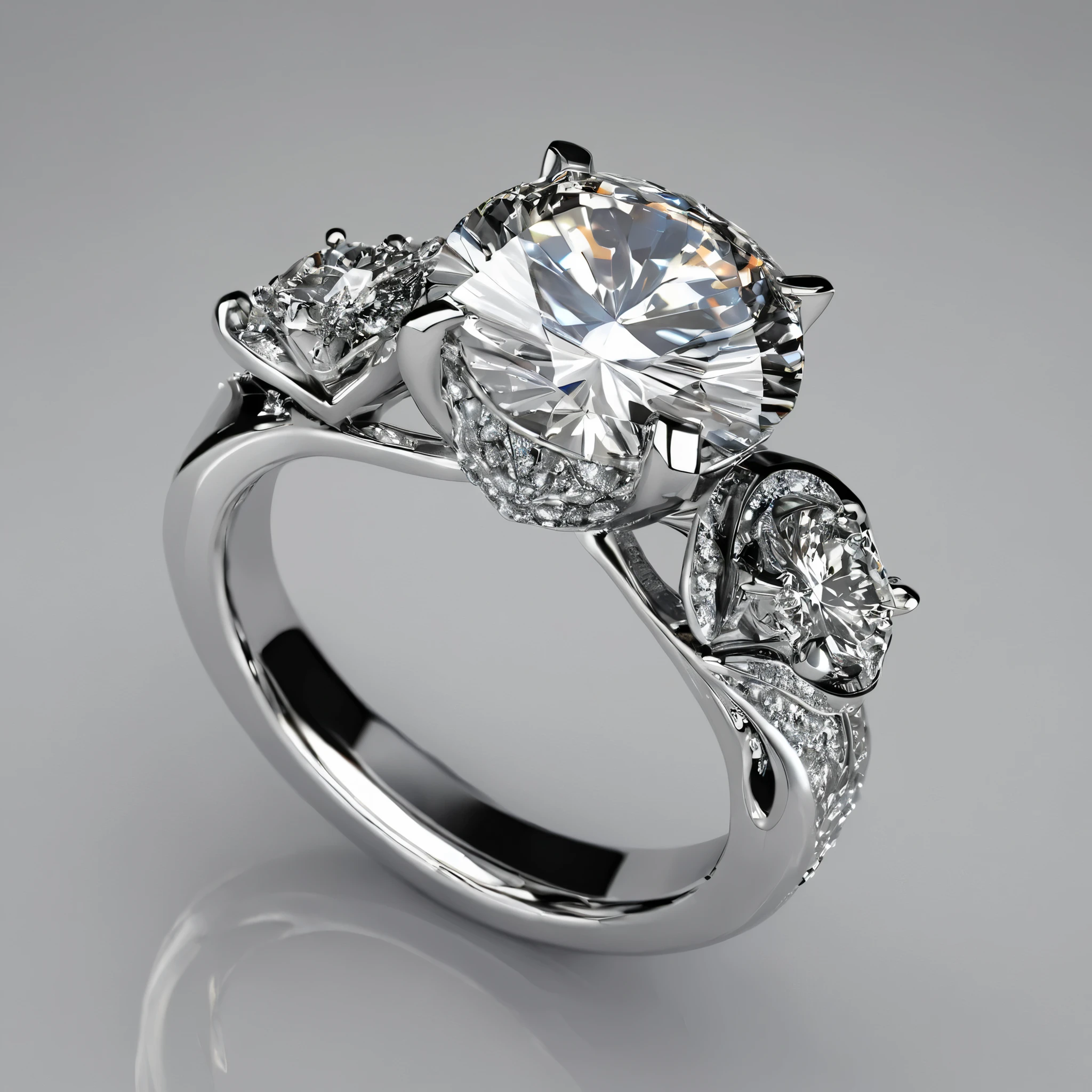 Engagement ring, ultra-realistic, photo-realistic, ultra-detailed, insane 3D Rendering, 8K Octane
Macro photography view of an engagement ring, with a 2 catat diamond 💎. One large diamond is shaped with extreme precision.The gold band has a swirl design that leads to the platform claw that grips the solitary diamond, which is the solitary star of the show. Luxurious, detailed, the kind of ring that lets people know that a man loves this woman. The ring is inside of a luxurious box with black felt inside. A light above the open box hits the diamond showing the insane shine and blinding reflective sparkle and twinkle that looks like burning stars inside of the inner space of the multifaceted diamond, that is truly a work of art.