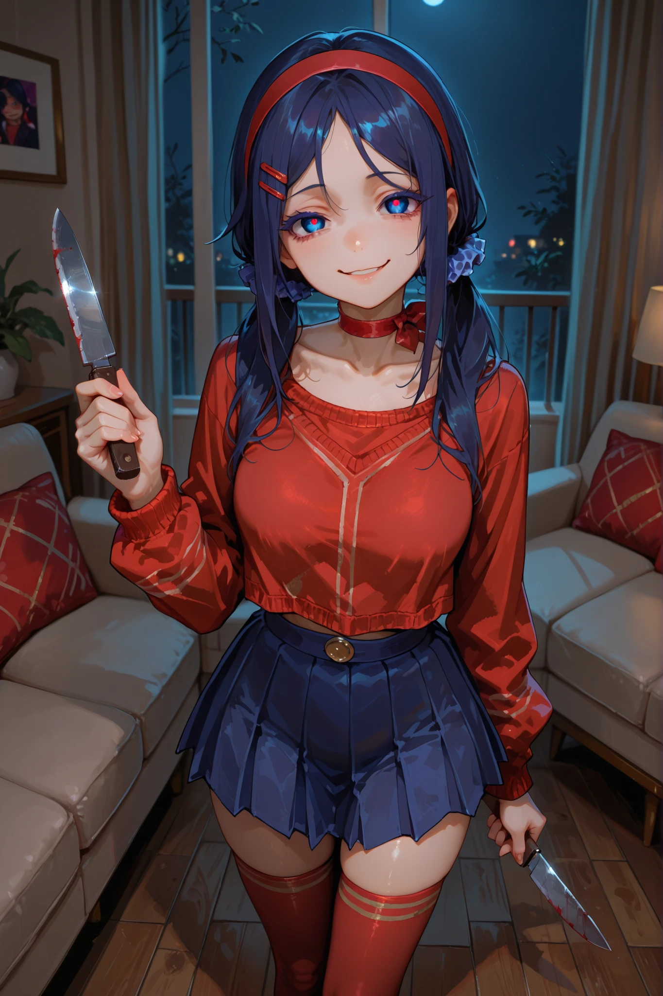 1girl,crazy mita (miside), dark blue hair, parted bangs, sidelocks, hair strand, red hairclip, red headband, low twintails, hair scrunchie, blue scrunchie, blue eyes, colored eyelashes, ribbon choker, red choker, collarbone, red sweater, pleated skirt, blue skirt, red thighhighs, sadistic smile, standing, macabre environment, living room, near the sofa, night, dark, holding a knife, yandere, pretty, seductive, best quality, masterpiece, ultra detailed, very aesthetic